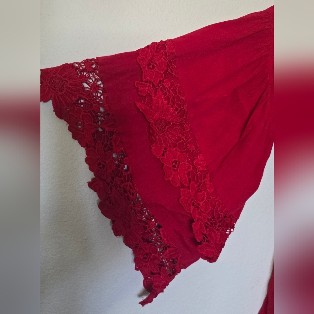Muche & Muchette Red Boho Lace Bell Sleeve Cottage Festival Peasant Top OS - Picture 2 of 6